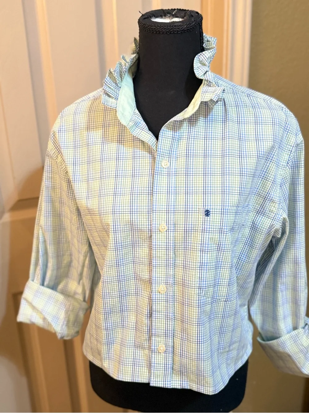 Upcycled Men's Izod Ruffled Collar Button-Up Shirt in Light Blue Plaid - Picture 2 of 8